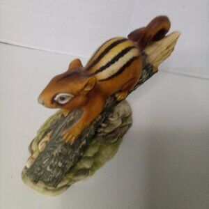 Chipmunk Porcelain Figurine Home Decor Animal On Tree Log 8.5" Long 7" Tall